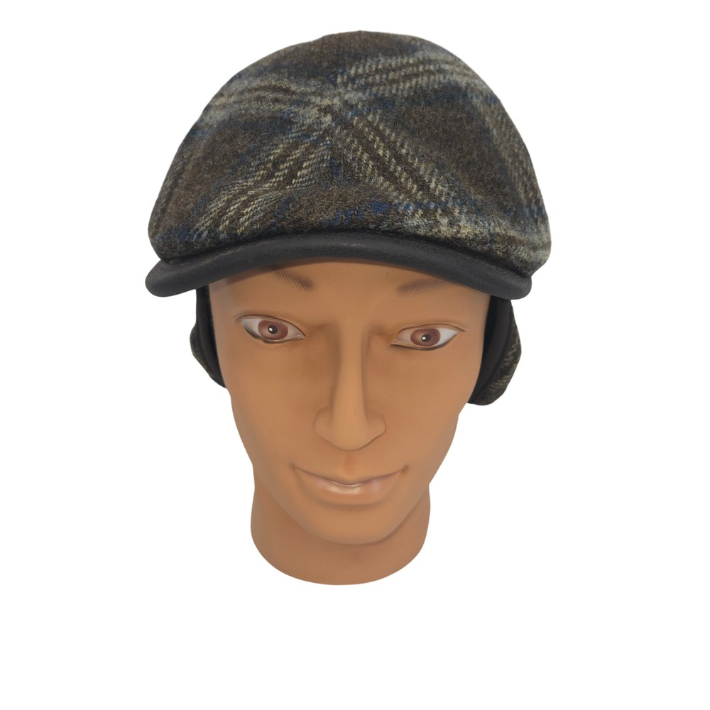 Magill Flat Cap Mens Large Wool Leather Plaid Ear Flaps Ivy Hat Made in Italy